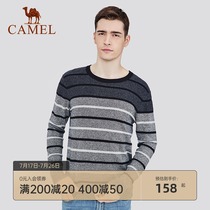 Camel mens spring and Autumn sweater Mens round neck thick pullover sweater loose cotton thread warm striped base shirt