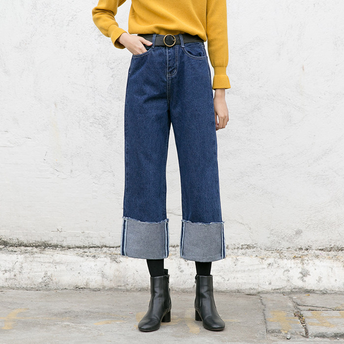 卷边牛仔裤女冬季2016新款裤脚毛边韩版高腰阔