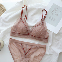Romantic French triangle cup without steel ring lingerie sexy lace big chest thin small chest gathered thin cup bra set