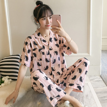 Pajamas womens summer thin suit Japanese cute and sweet short-sleeved trousers cotton silk home wear artificial cotton can be worn outside