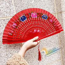 Red dancing fan double-sided pattern Spanish wooden fan dance fan cheongsam catwalk show fan wedding red fan