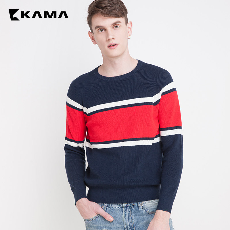 kama男士装 卡玛秋季圆领潮流套头毛衣针织衫打底衫上衣2117401