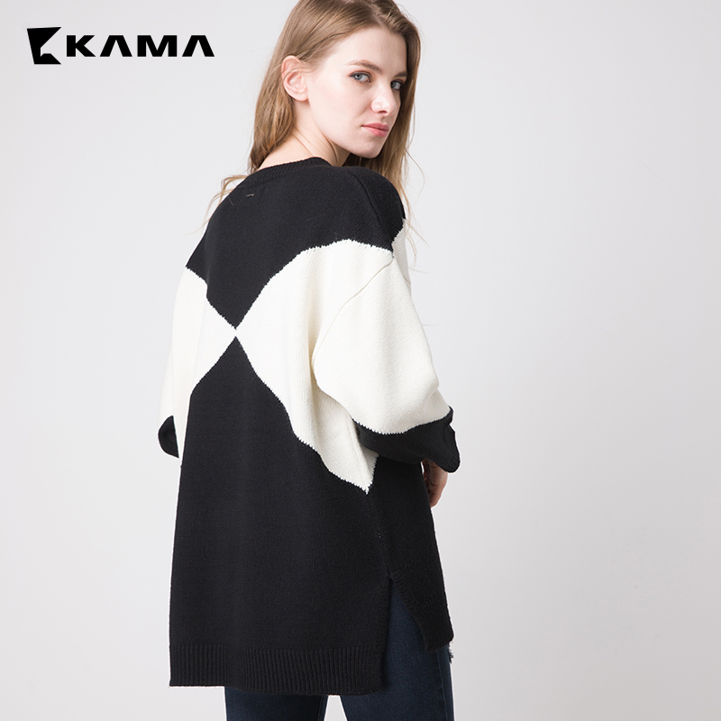 卡玛KAMA 2017春季毛针织衫女圆领套头黑白拼色长毛衣7316451产品展示图3