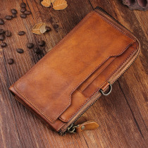 Original Retro Tide Male Bull Leather Mobile Phone Wallet Multi-Position Genuine Leather Handbag Soft length Zipper Ultrathin Japan-Japan Leather Wallet