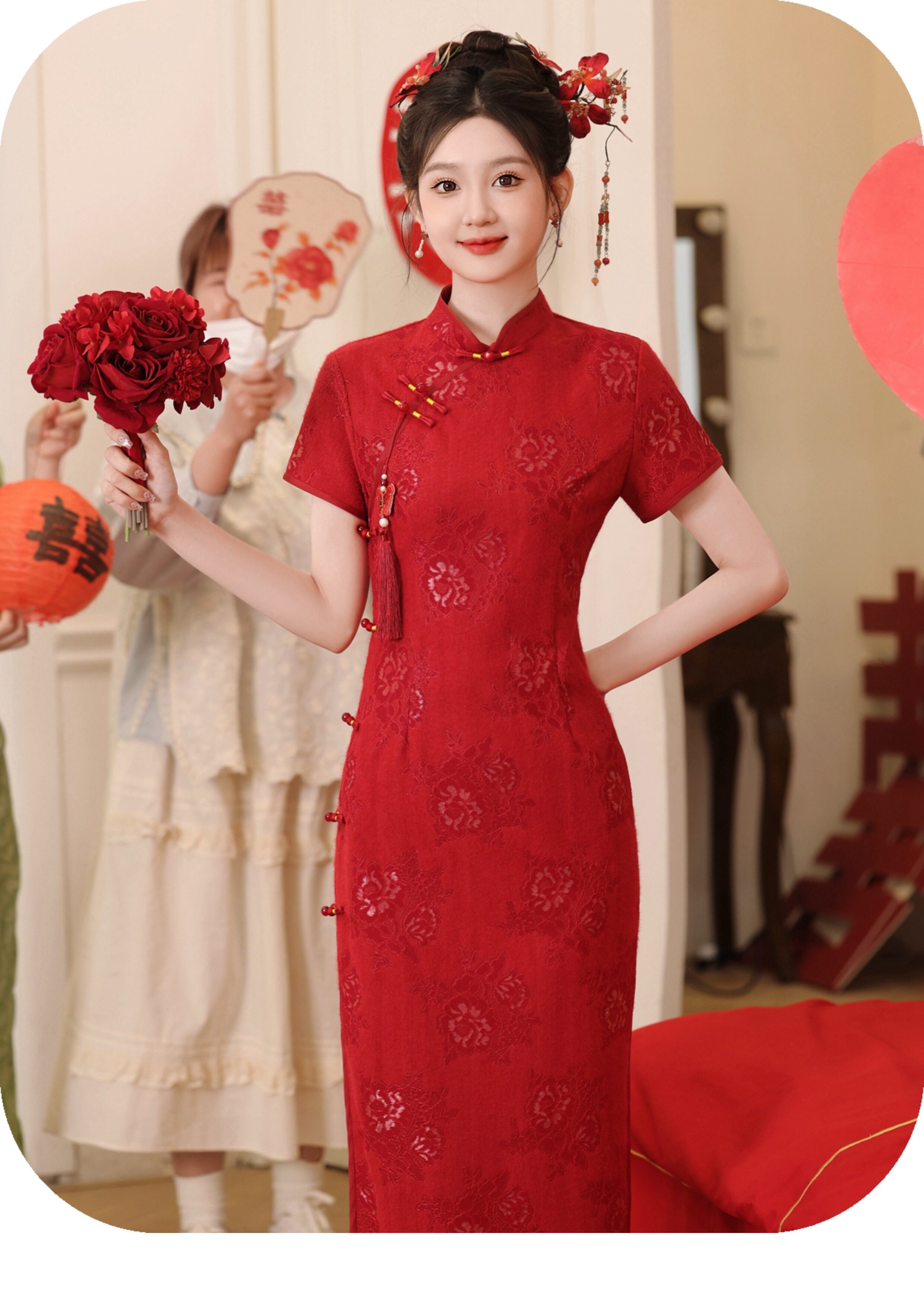 年轻款敬酒服高档长款羽毛纱红旗袍2025夏季新品订婚领证日常女装