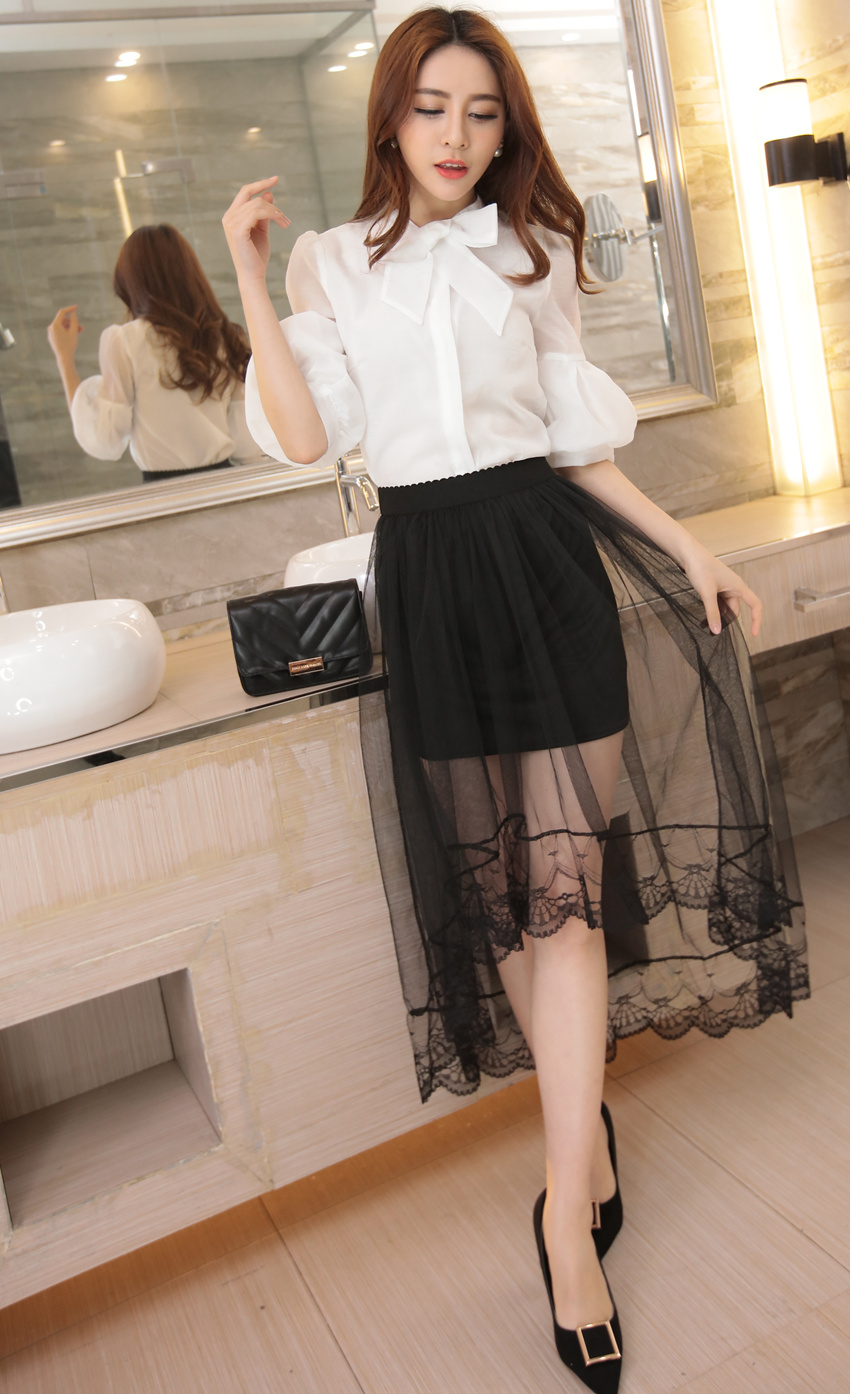 夏复古名媛风蕾丝性感长款不规则半身裙绣花网纱透明长裙1603实拍