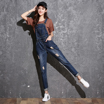 Denim strap pants womens trousers 2021 spring and summer new hole slim leg pants loose one-piece pants tide