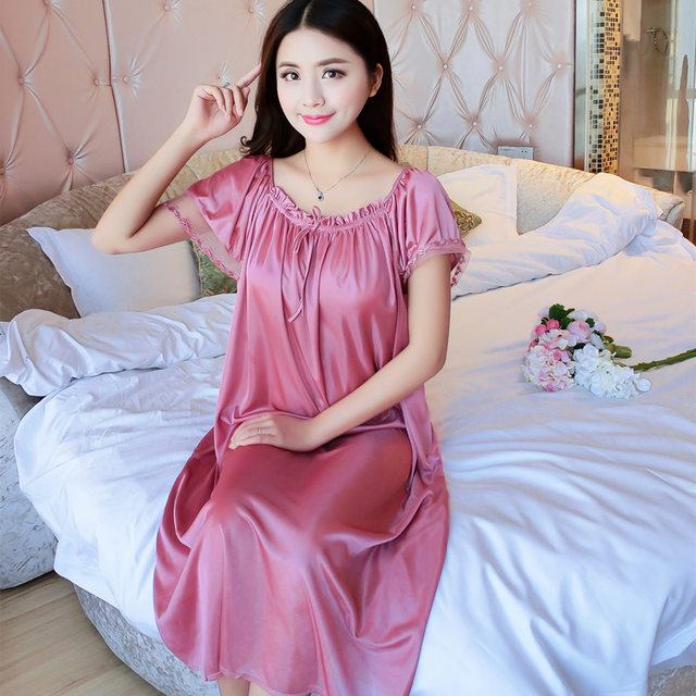 Nightgown for women summer sexy ice silk silk short-sleeved long plus size fat mm plus fat pregnancy women silk chiffon ບາງ pajamas