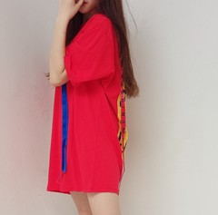 实拍韩版飘带字母宽松原宿BF风红色中长款个性短袖T恤裙女潮