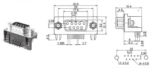 dr9(公头)公座 rs232 db9针 9芯 串口 90度弯脚 插板式