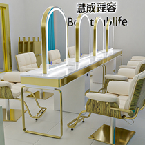 Net Red Hair Salon Four Sides Imitation Marble Mirror Table With Lamp Bronzing Table Beauty Salon Stainless Steel Cut Hair single sided mirror