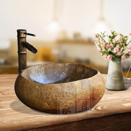 原生态鹅卵石头洗手盆卫浴台上盆天然仿古艺术盆户外复古洗脸盆池_7折