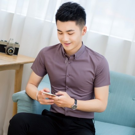 夏季2018新款男长袖衬衫韩版修身发型师棉麻