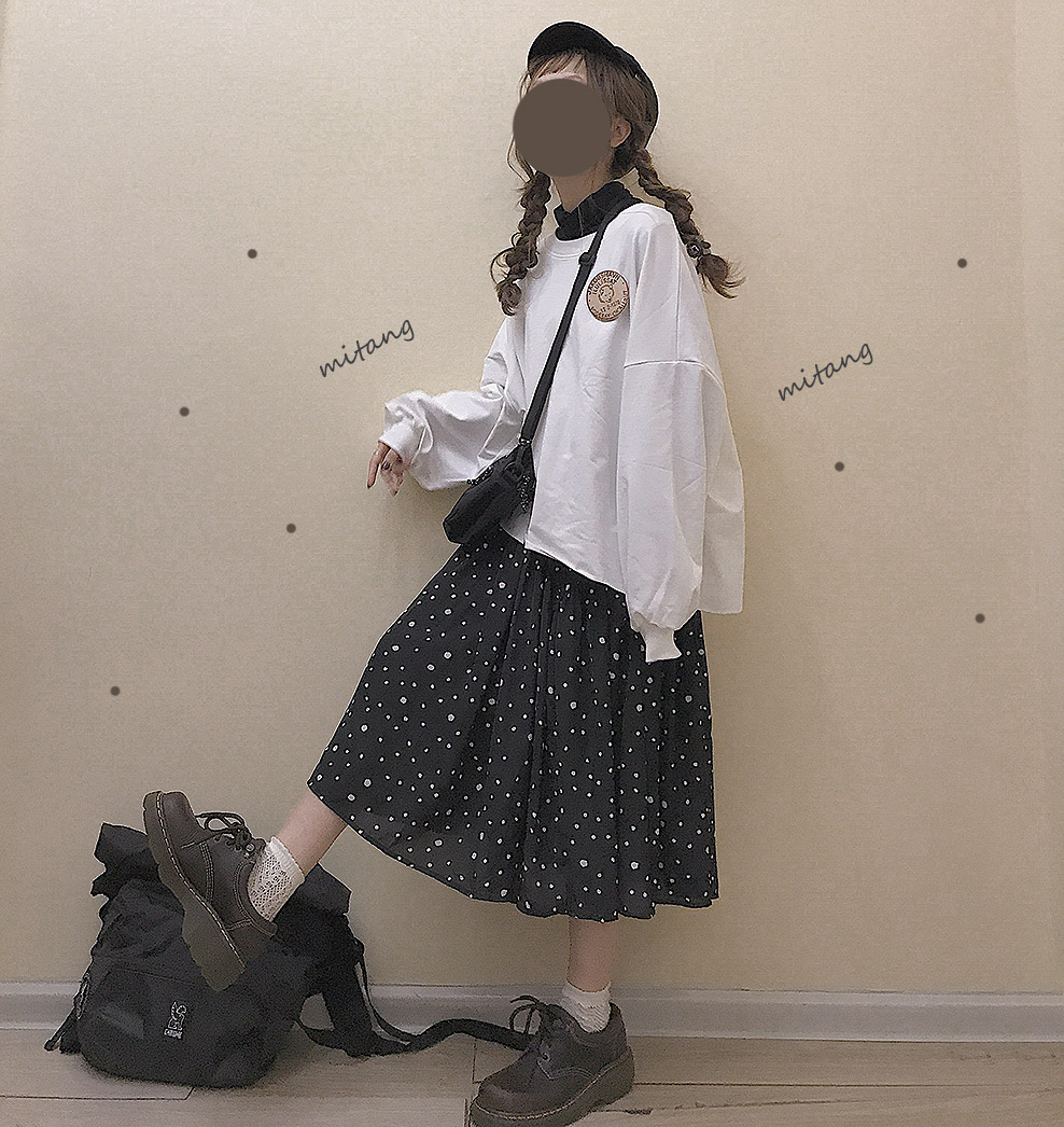 自制 日系复古ins风百搭大摆波点中长款少女雪纺裙a字高腰半身裙