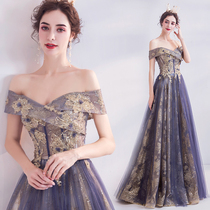 Purple dinner Annual art examination performance Stage catwalk conductor host Vocal chorus Wedding dress 2476