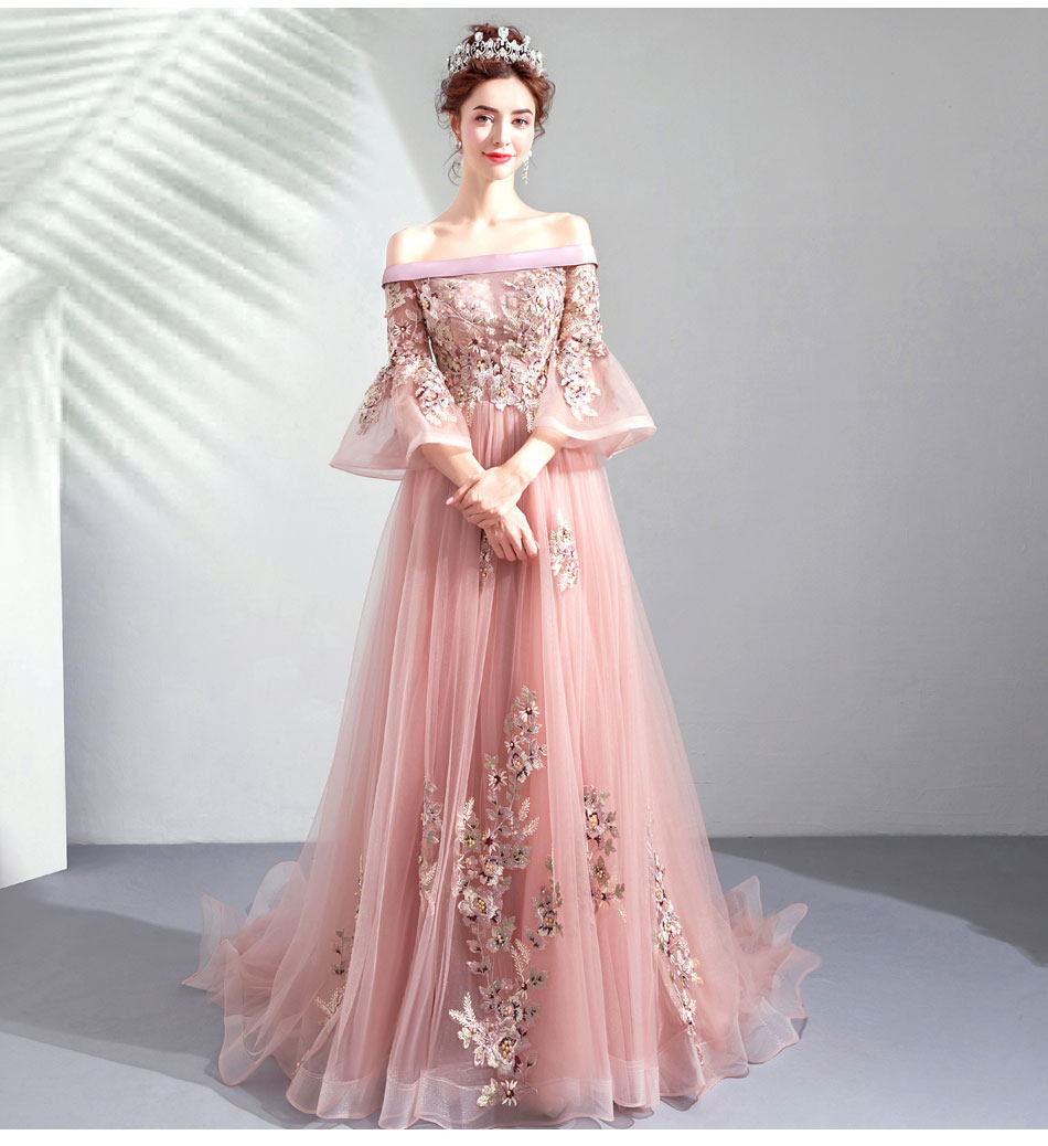 粉色一字肩长袖新娘结婚敬酒服晚宴婚纱礼服裙批发 8186q