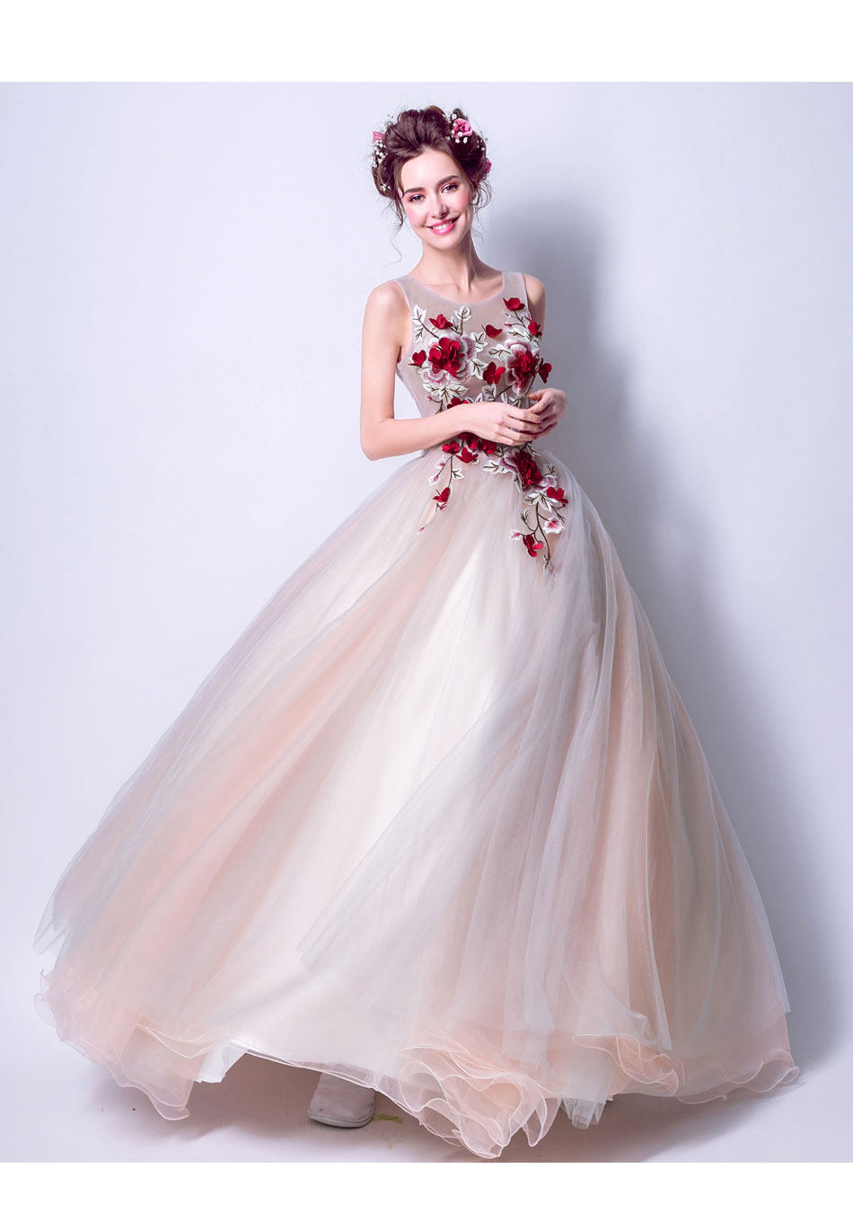 华丽烂漫 浅白 柔粉 深色红花朵刺绣新娘婚纱礼服晚宴敬酒服8613