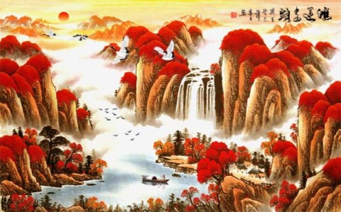 中式鸿运当头旭日东升招财风水电视沙发背景墙纸壁纸3d无缝壁画5d