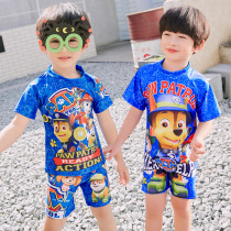 Childrens swimsuit boy conjoined cute cartoon Wang Wang team sunscreen baby swimsuit hot spring swimming suit hat set