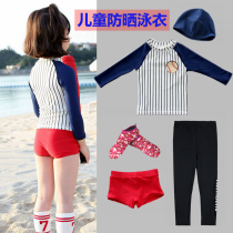 Childrens split swimsuit girl Korean striped long sleeve boxer shorts sunscreen quick-drying medium-child swimsuit