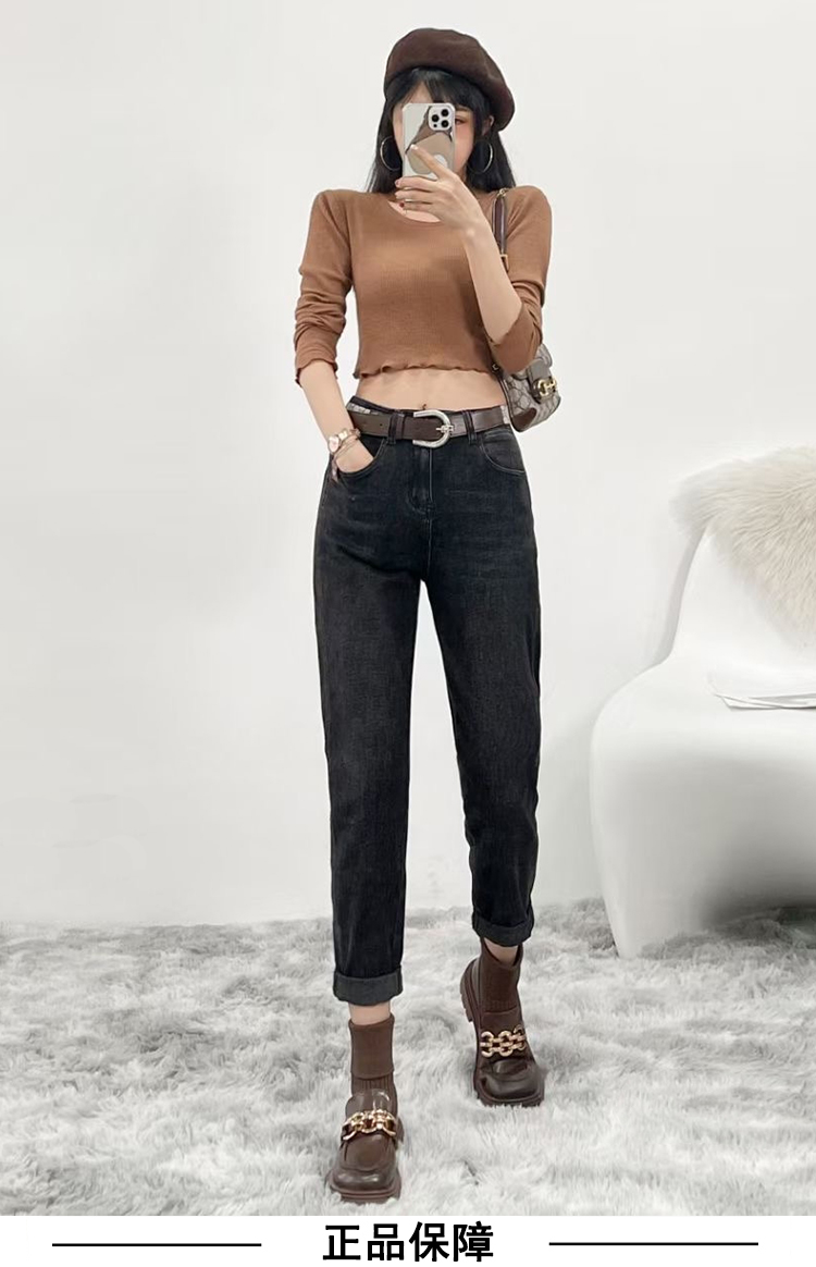 2021秋新款阿凡牛1192黑色磨白宽松老爹跨裤弹力显瘦百搭女牛仔裤