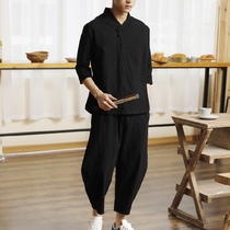 Tang Young Men's Summer Chinese Style Linen Set Fashion Brand Vintage Han Clothes Antique Meditation Clothes Tea Clothes Two-piece Set