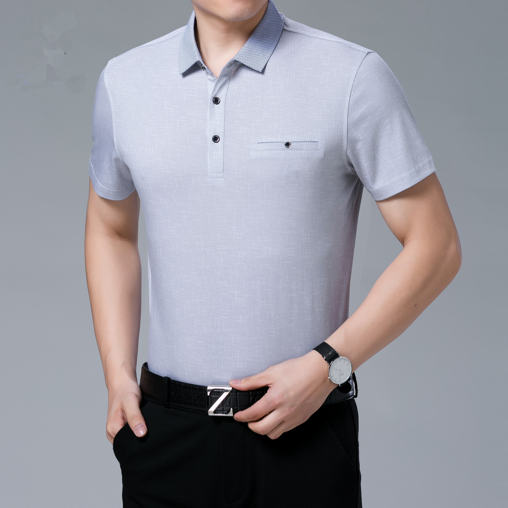 2018夏装丝光棉中年男士翻领短袖t恤polo衫中老年父亲男装