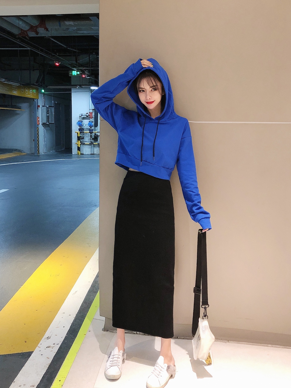 连帽卫衣配半身裙中长款2019秋季新款网红套装开叉包臀长裙两件套