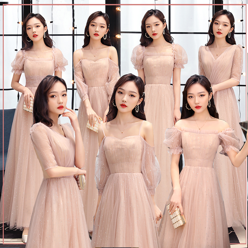 Pink bridesmaid dress autumn new fairy temperament simple romantic atmosphere wedding sister group activity evening dress date