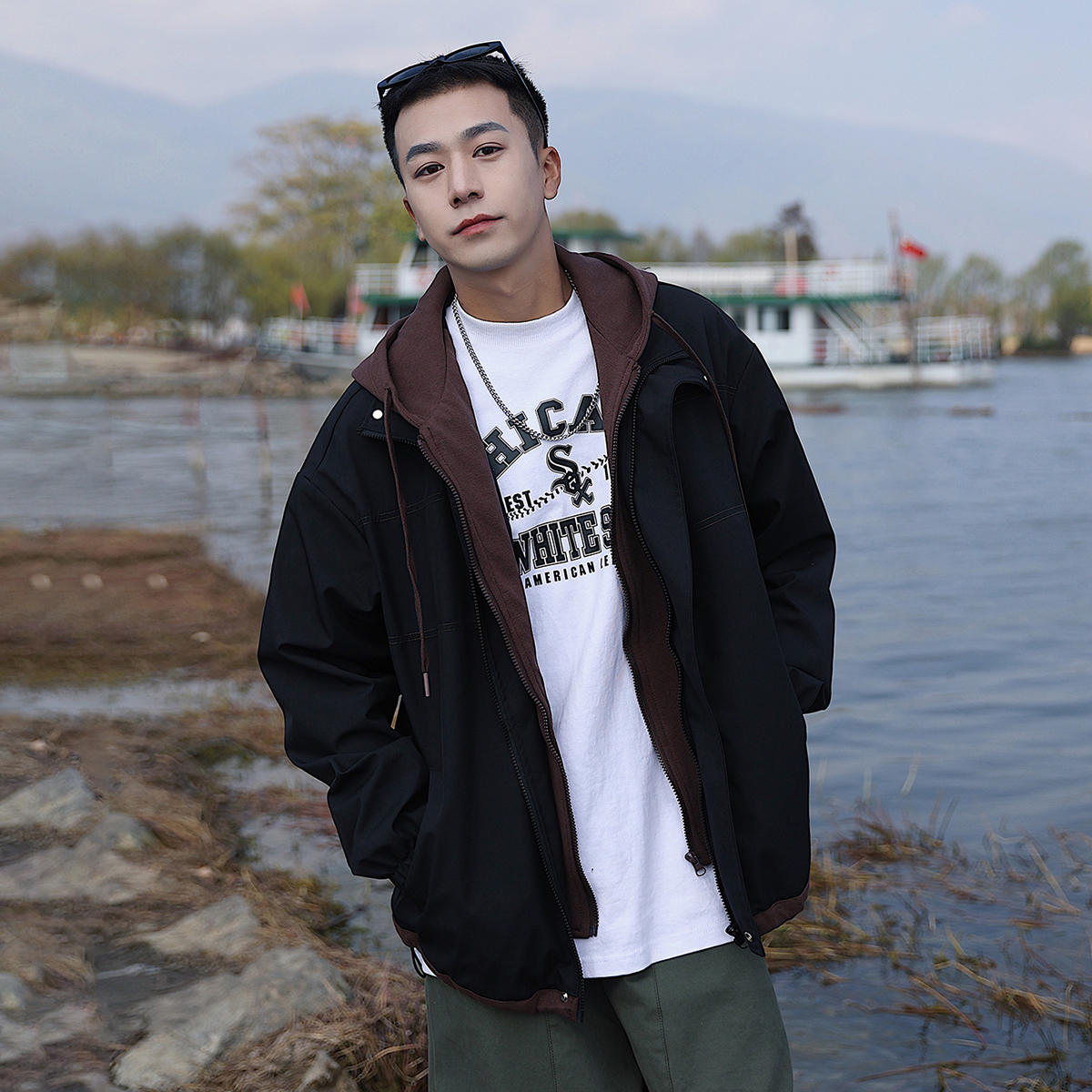 春秋款复古日系休闲假两件工装外套男宽松衣服潮牌青少年夹克衫