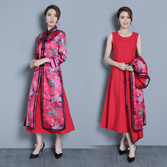 实拍2017春装香云纱中式外套复古改良越南奥黛长款旗袍两件套