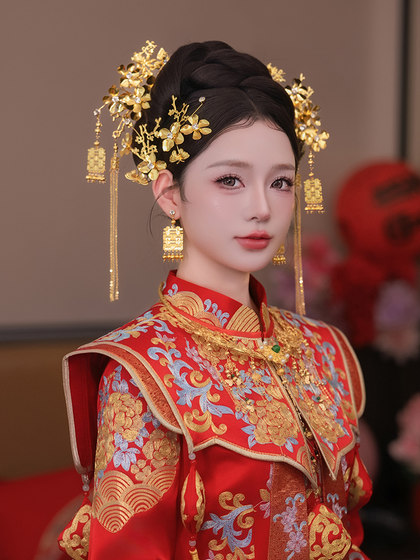 중국 스타일의 신부 황금 결혼식 편지 술 Xiuhe 의류 머리 장식 한피 드래곤과 피닉스 가운 웨딩 전통 의상 웨딩 헤어 액세서리 중국 스타일의 신부 황금 결혼식 편지 술 Xiuhe 의류 머리 장식 한피 드래곤과 피닉스 가운 웨딩 전통 의상 웨딩 헤어 액세서리