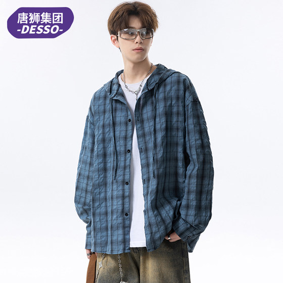 Tangshi Group DESSO Hooded Plaid Sunscreen Long Sleeve Shirt Men and Women Summer Slack Casual Couple Jacket Tangshi Group DESSO Hooded Plaid Sunscreen Long Sleeve Shirt Men and Women Summer Slack Casual Couple Jacket