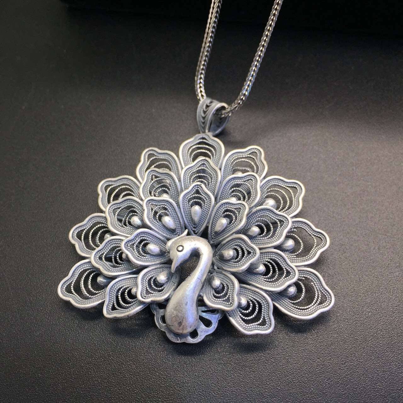 s925纯银花丝工艺女孔雀吊坠精湛工艺毛衣链买即送家人礼物包邮