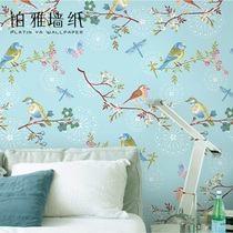 American wallpaper pastoral flowers and birds small fresh floral wallpaper Blue yellow simple modern living room background wall bedroom
