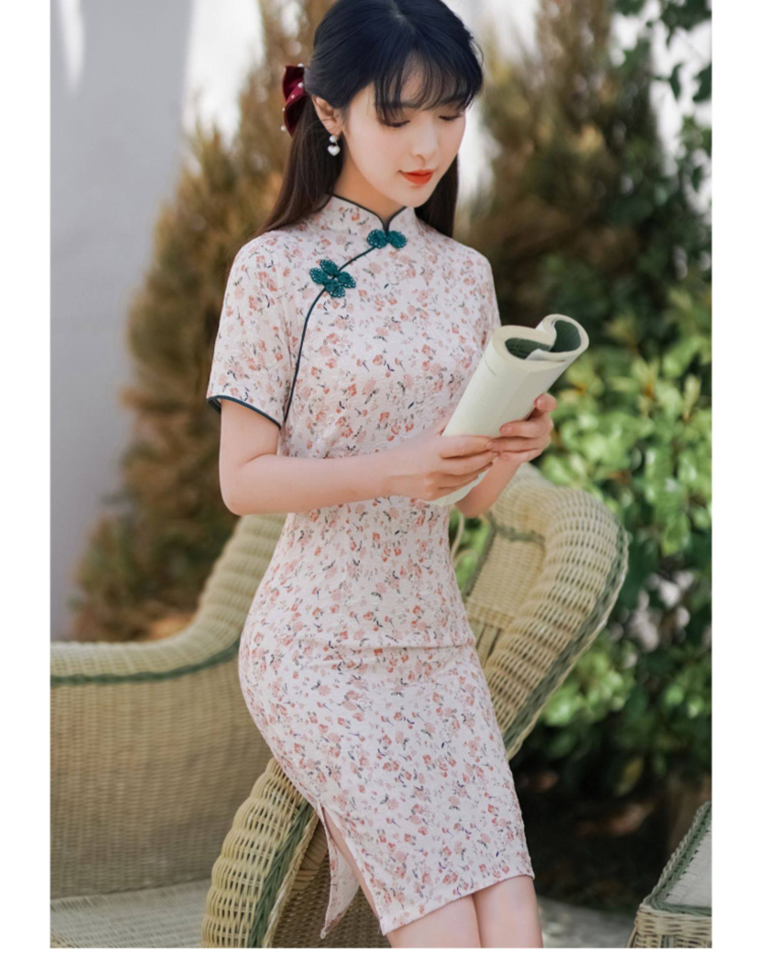 实拍2022夏季新款棉麻碎花复古少女日常性感短装旗袍 - 17网
