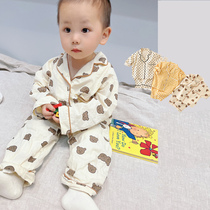 Male and female baby Home Suit Small Bear Korean Version Plaid Long Sleeve Baby Ins Spring Summer Thin childrens cotton pyjamas