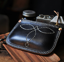 American retro non-RRL full hand-embroidered simple black Italian vegetable tanned leather short hand wallet