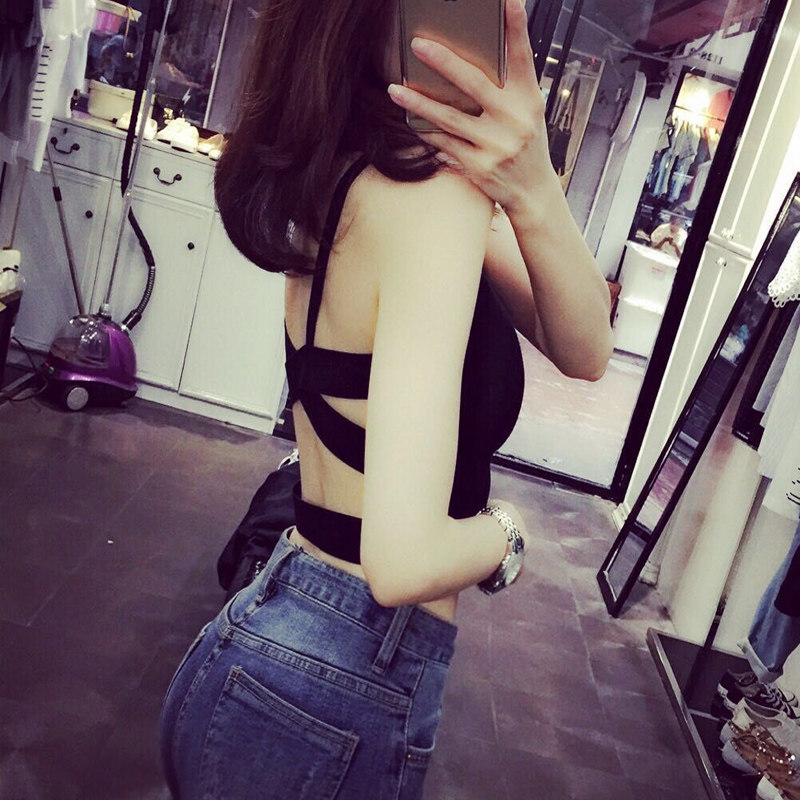 黑白纯色百搭打底吊带衫后背交叉镂空性感露背短款无袖小可爱背心_7折