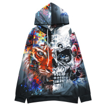 Hip-hop trend brand tiger skull print contrast sweater mens street loose hooded Hong Kong style chic top women