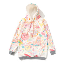 Original pudding girl printed hooded autumn and winter new Japanese Harajuku style soft girl large size long plus velvet cotton sweater