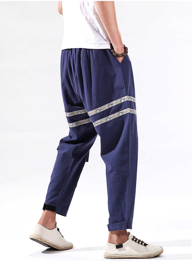 k333^中国风棉麻休闲裤男刺绣小脚男士长宽松大码亚麻哈伦裤