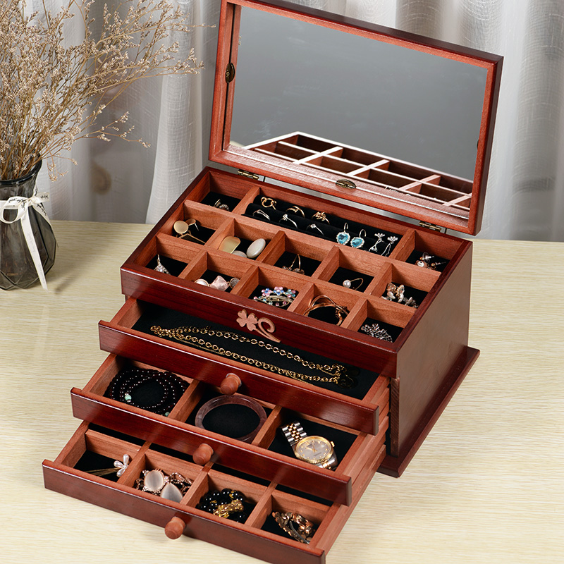 Solid Wood High-end Luxurious First Accessories Box Wooden Princess European-style Korean Ornament Containing Box Earrings Show Rack Large Capacity