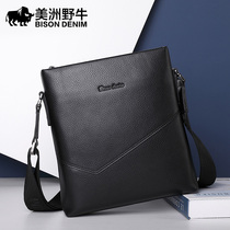 American Bison mens bag leather mens shoulder bag vertical large capacity business leisure top layer cowhide crossbody bag