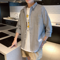 Tide brand stripe seven-point sleeve shirt mens summer ins trend casual harbor style top loose short sleeve shirt coat