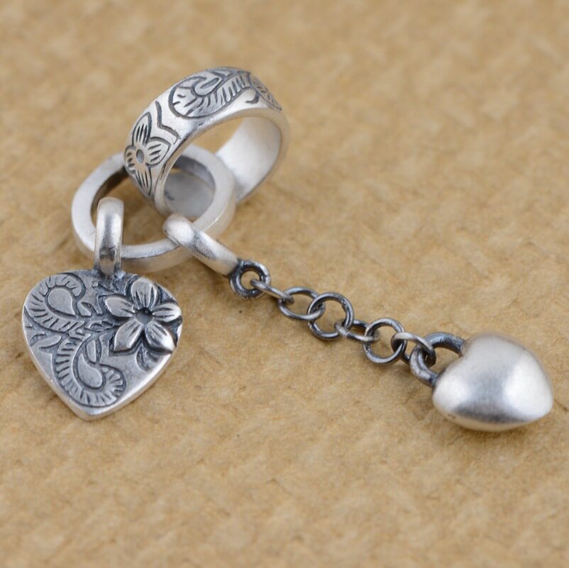 手工银吊坠 s990足银 仿古哑光工艺 女款流苏款式 心心相印_不打折