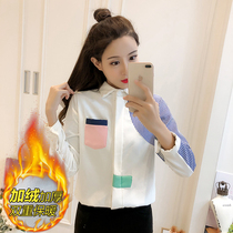 Autumn and winter New chic plus velvet shirt female long sleeve student Han fan thick large size loose warm backing shirt tide