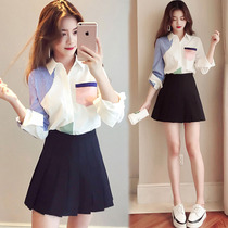 Spring and Autumn New Super Immortal Set Female Design Sense Machine Long Sleeve Shirt Pleated Short Skirt Two Piece Set of Western Style Early Spring