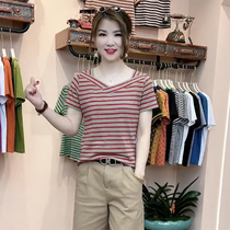 Wheezi Womens Clothing Summer New Pint Fashion Mom Dress V Collar Striped Short Sleeve Blouses Middle-aged Casual 100 Hitch T-shirt Display Slim Fit