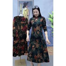 Little swallow womens improved cheongsam long sleeve Chinese style spring and autumn mother dress plus velvet slim dress